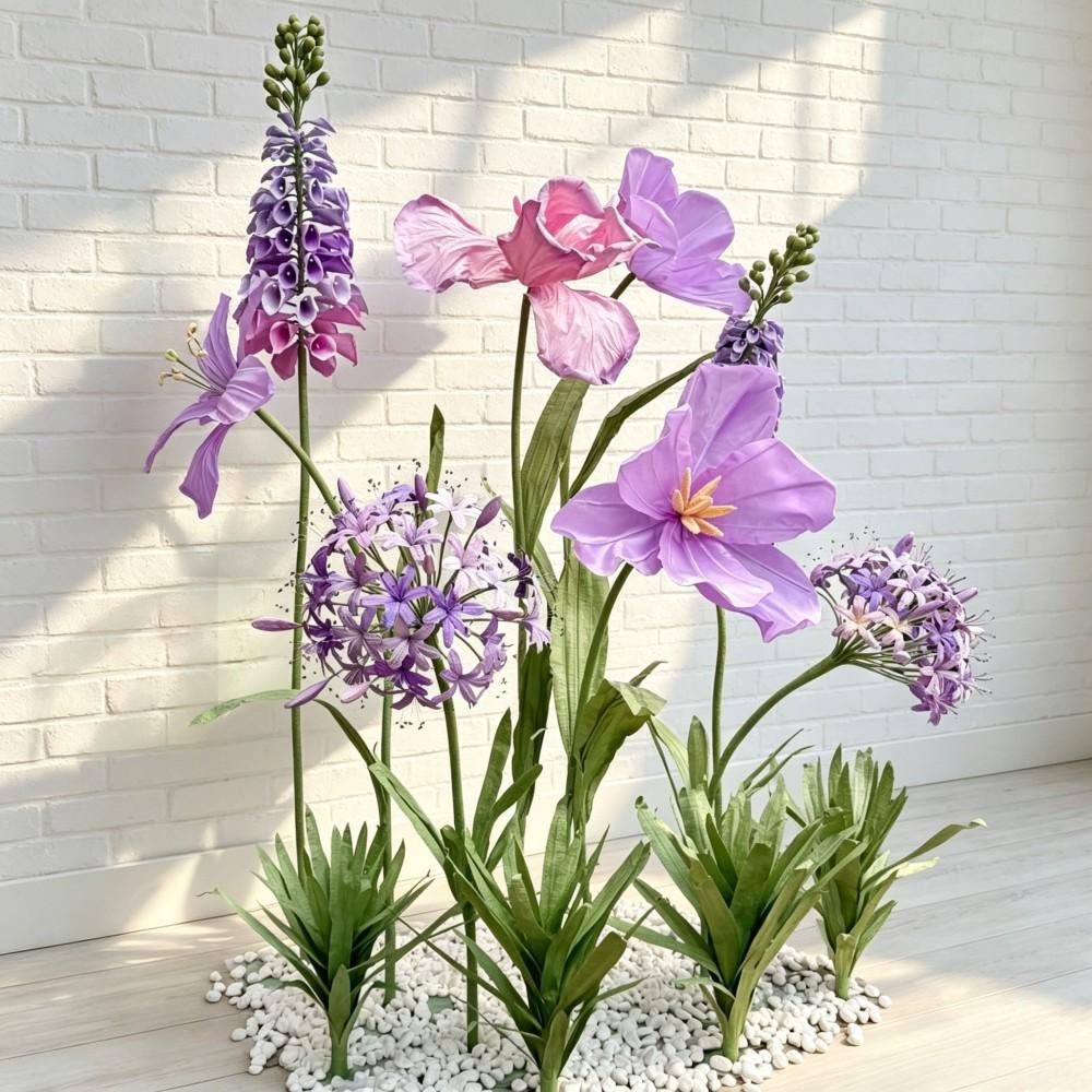 Giant Wildflower Garden Decor, 9 Oversized Garden Flowers with Ground Plants, Luxury Event Floral Display, Mall Decor