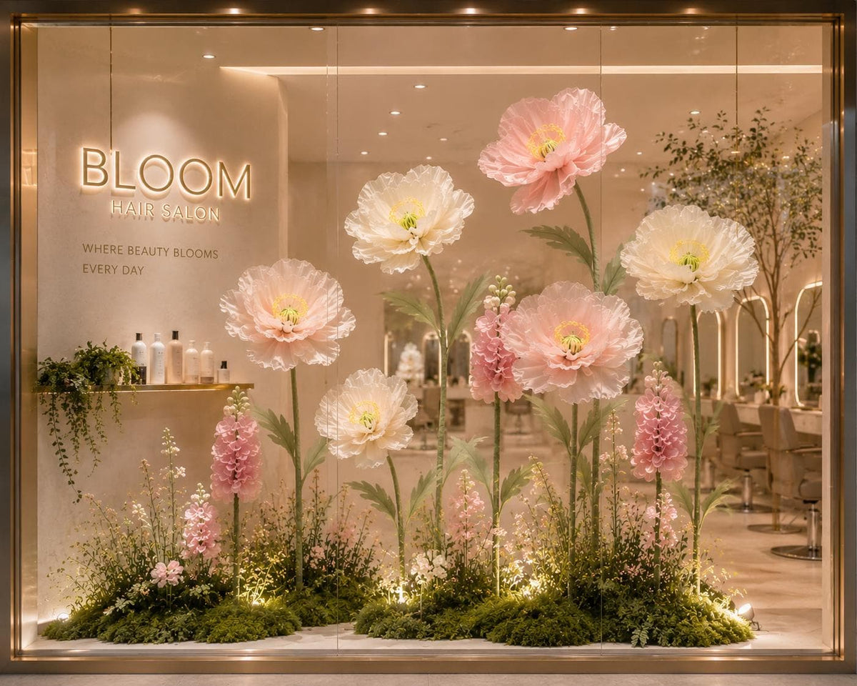 Giant Organza Flowers, Oversized Silk Floral Decor, Luxury Boutique Display, Mall Event Decoration, Window Display（7 Flowers）