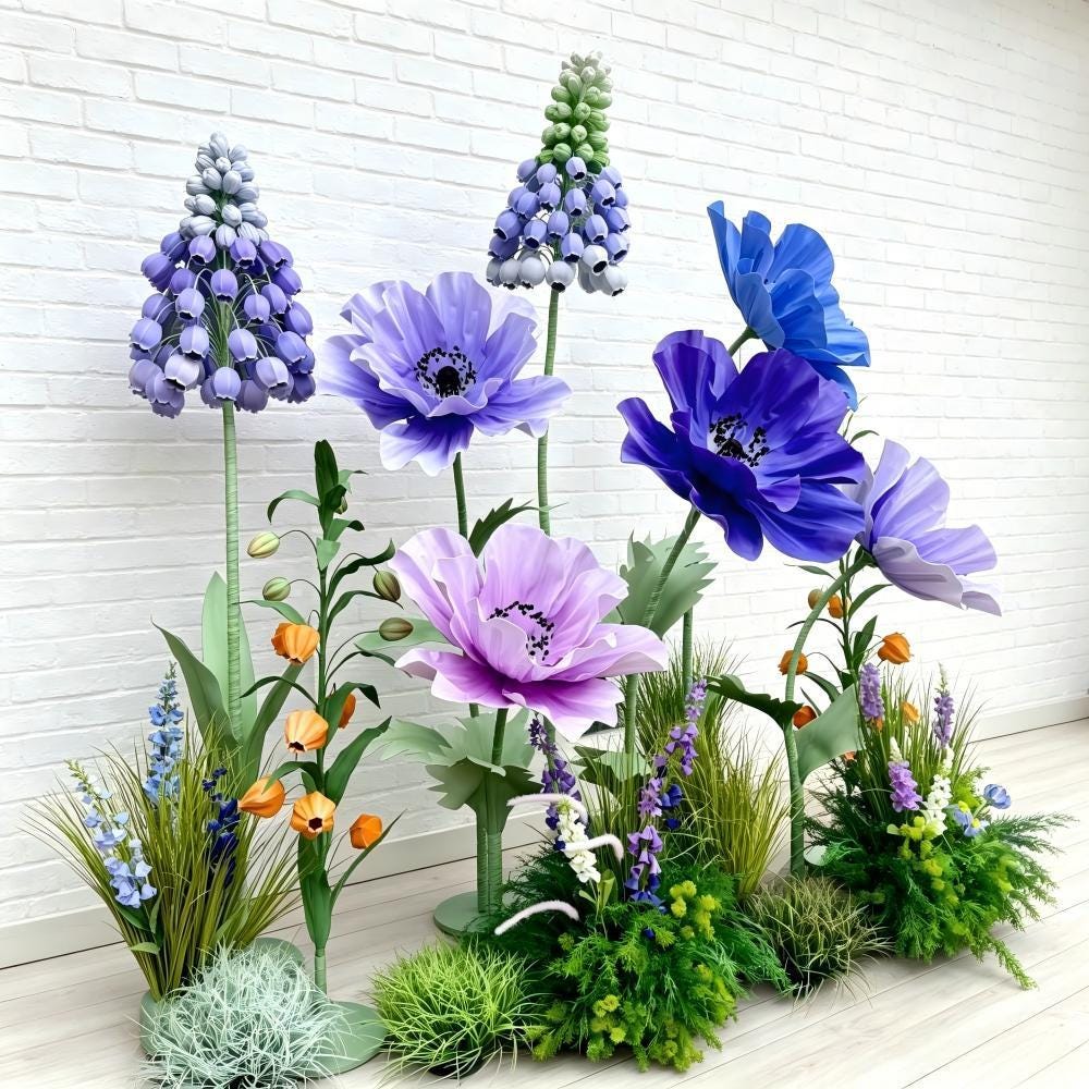 Giant Wildflower Garden Decor, 9 Oversized Garden Flowers with Ground Plants, Luxury Event Floral Display, Mall Decor