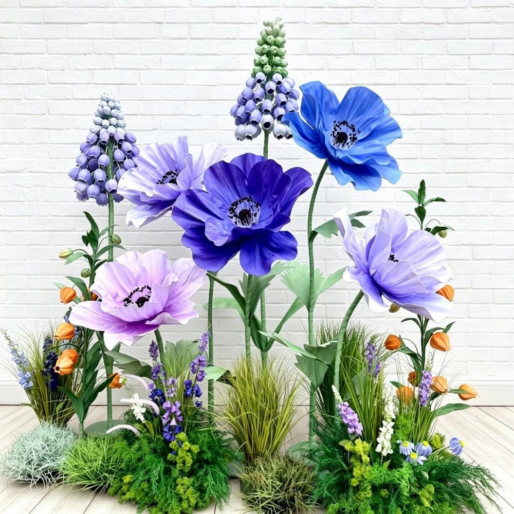 Giant Wildflower Garden Decor, 9 Oversized Garden Flowers with Ground Plants, Luxury Event Floral Display, Mall Decor