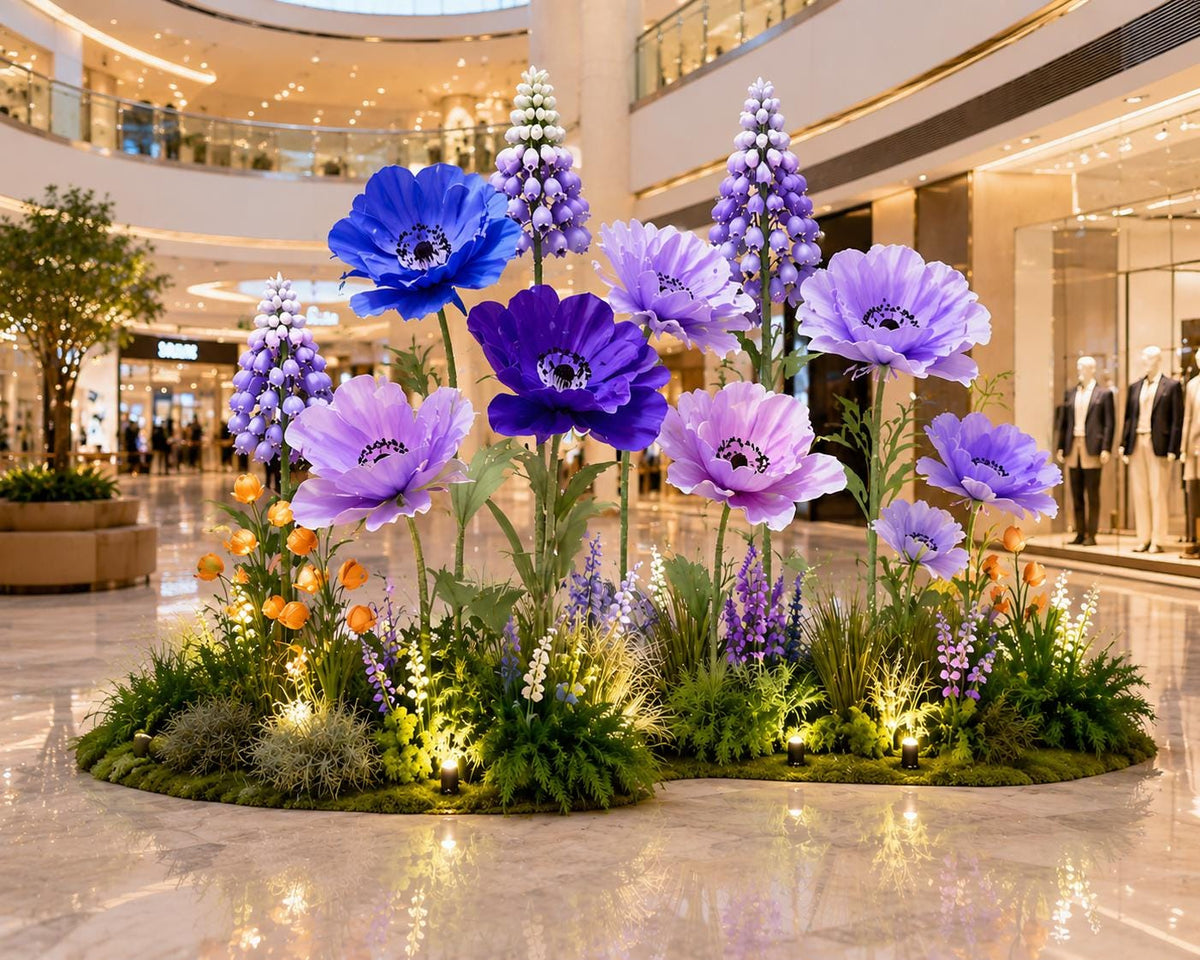 Giant Wildflower Garden Decor, 9 Oversized Garden Flowers with Ground Plants, Luxury Event Floral Display, Mall Decor