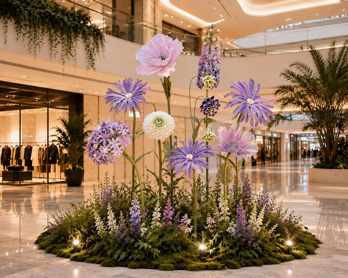 Giant Wildflower Garden Decor, 11 Oversized Garden Flowers with Ground Plants, Luxury Event Floral Display, Mall Decor