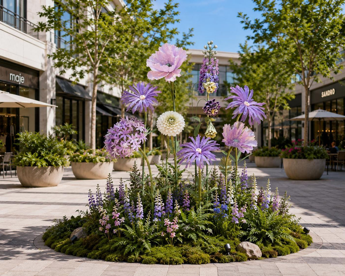 Giant Wildflower Garden Decor, 11 Oversized Garden Flowers with Ground Plants, Luxury Event Floral Display, Mall Decor