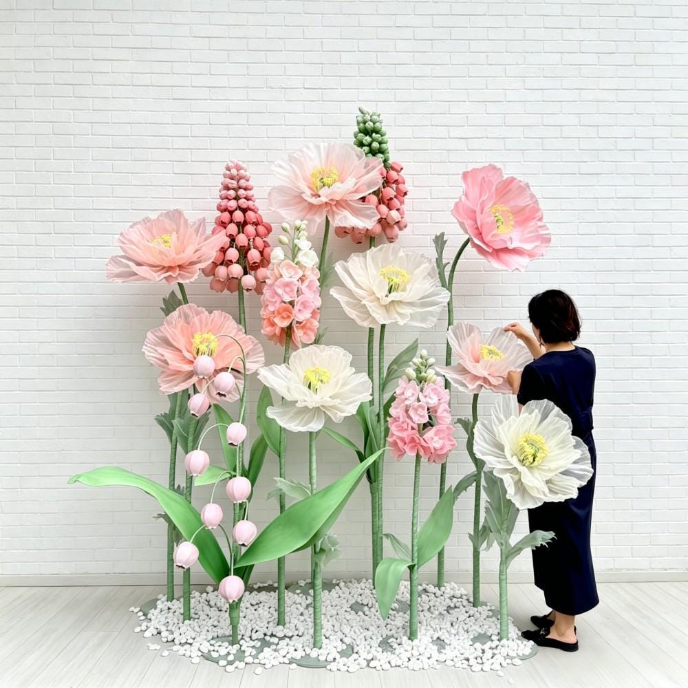 Waterproof EVA & Organza Giant Spring Flower Display, Oversized Floral Installation for Luxury Boutique, Shopping Mall, Hotel Event Decor
