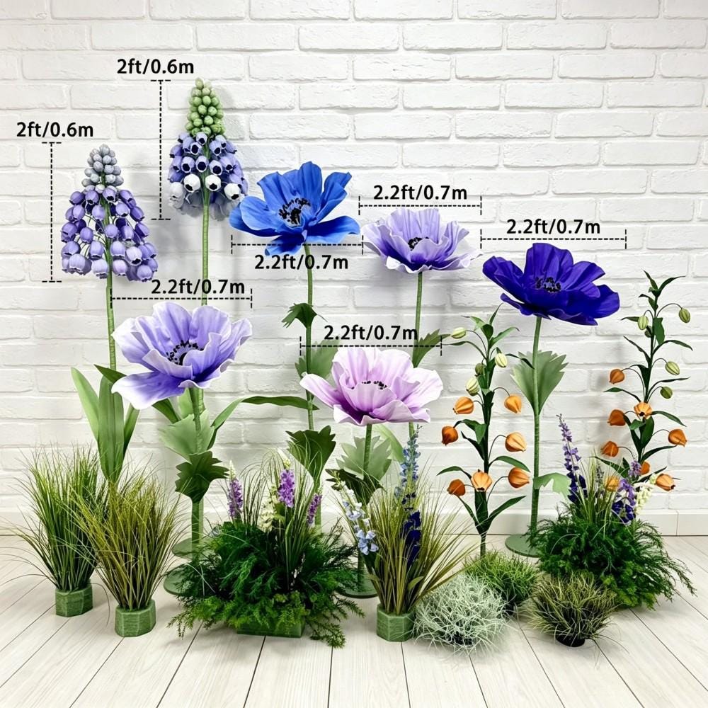 Giant Wildflower Garden Decor, 9 Oversized Garden Flowers with Ground Plants, Luxury Event Floral Display, Mall Decor