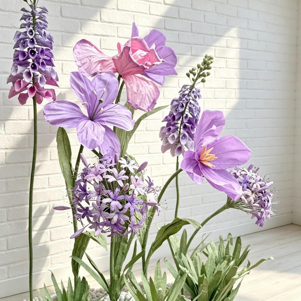 Giant Wildflower Garden Decor, 9 Oversized Garden Flowers with Ground Plants, Luxury Event Floral Display, Mall Decor