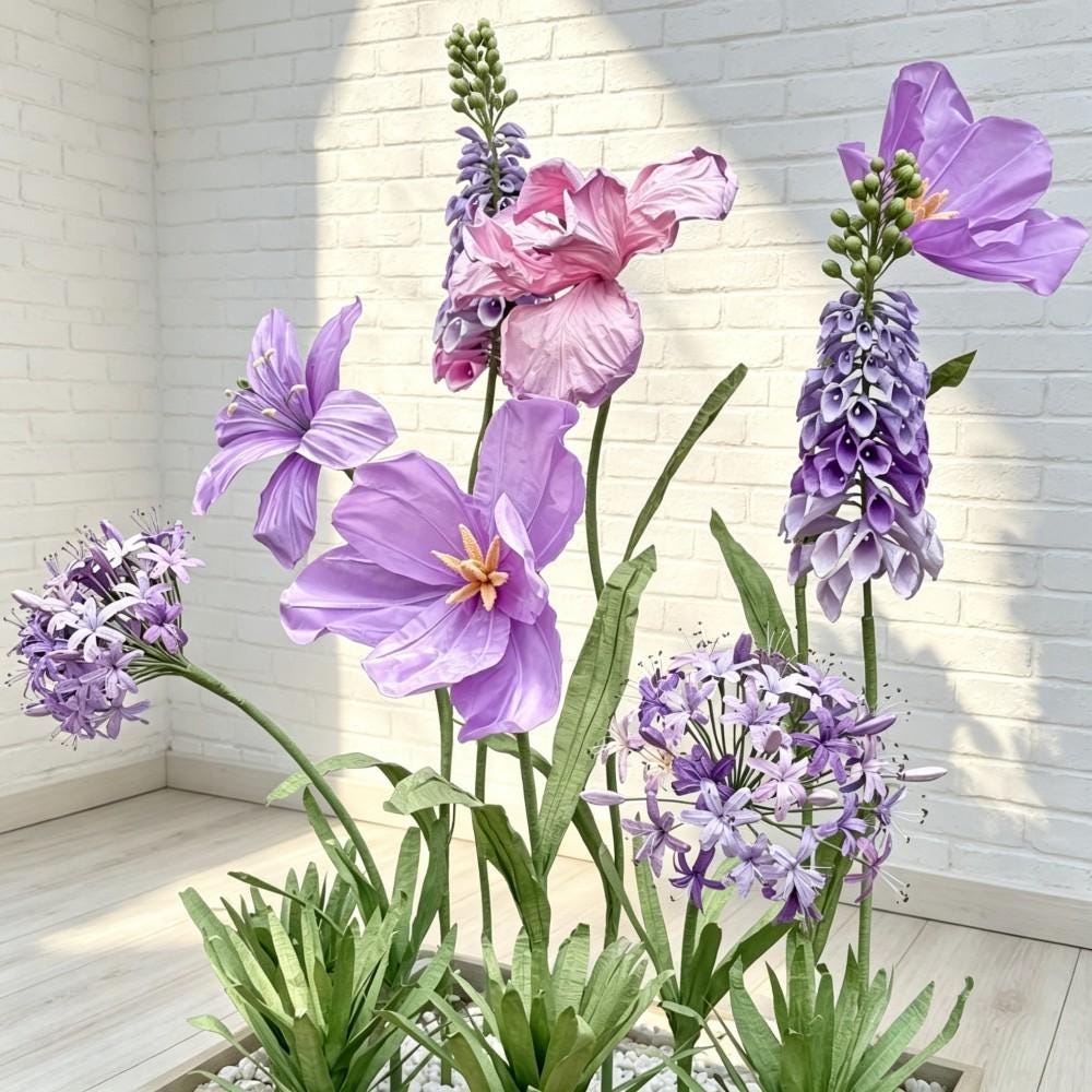 Giant Wildflower Garden Decor, 9 Oversized Garden Flowers with Ground Plants, Luxury Event Floral Display, Mall Decor