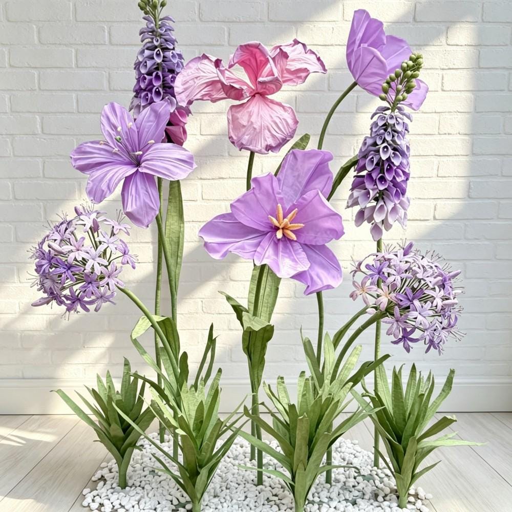 Giant Wildflower Garden Decor, 9 Oversized Garden Flowers with Ground Plants, Luxury Event Floral Display, Mall Decor