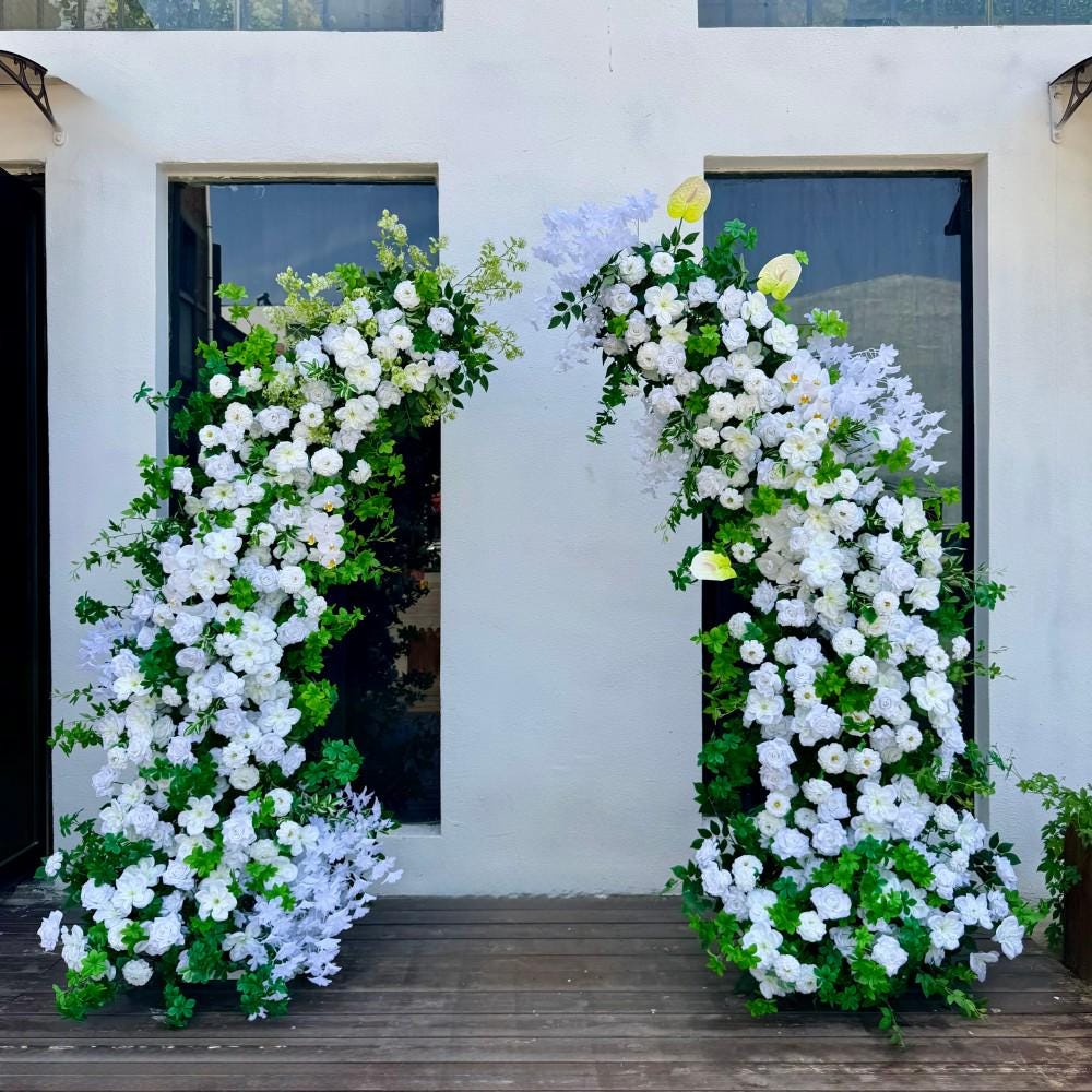7.2Ft / Ships from USA / Forest-Inspired White Rose Bull Horn Wedding Arch Flowers, Artificial Floral Backdrop for Weddings