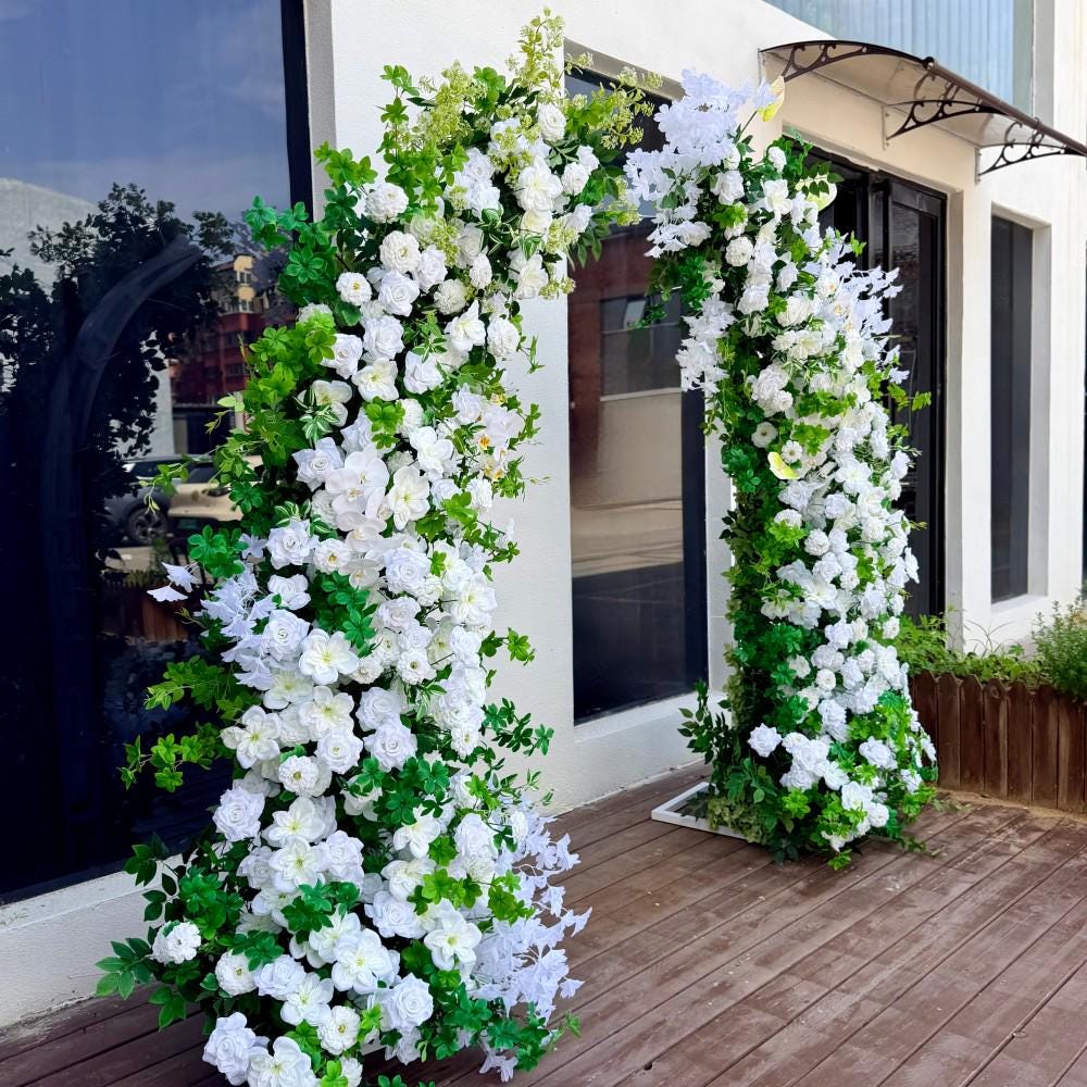 7.2Ft / Ships from USA / Forest-Inspired White Rose Bull Horn Wedding Arch Flowers, Artificial Floral Backdrop for Weddings