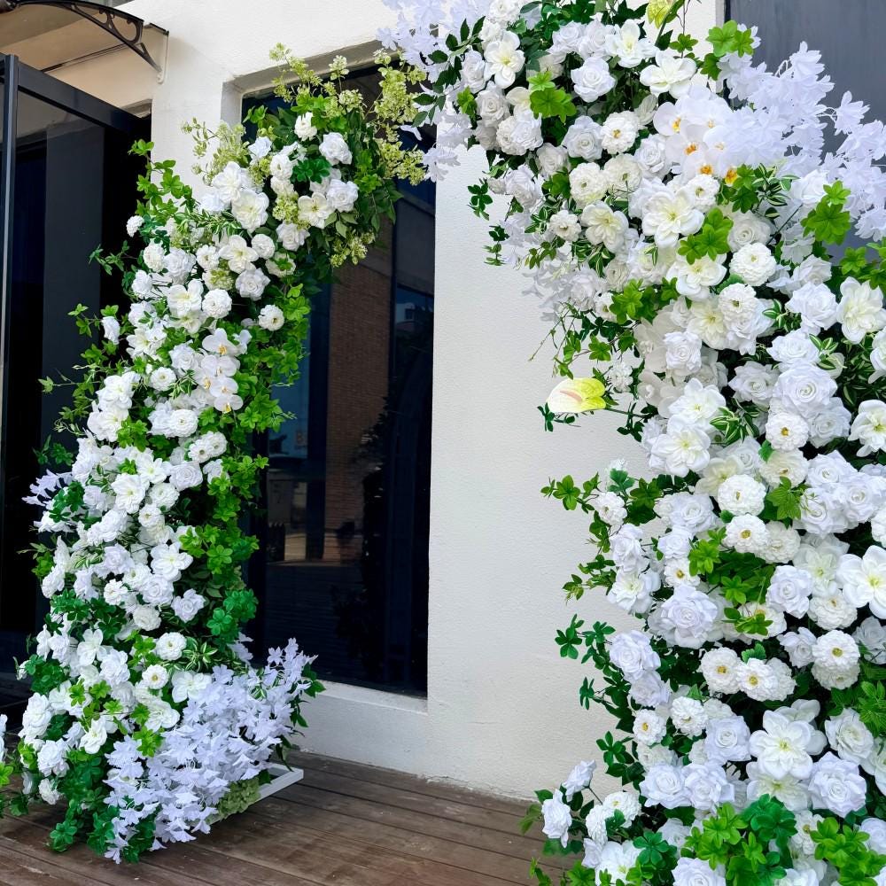 7.2Ft / Ships from USA / Forest-Inspired White Rose Bull Horn Wedding Arch Flowers, Artificial Floral Backdrop for Weddings