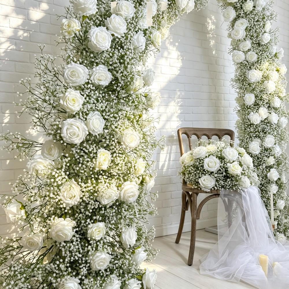 50% OFF CLEARANCE/Ships from Houston/Baby’s Breath &Rose Bull Horn Wedding Arch Flowers, Floral Row Arrangement,  for Wedding Archways Event
