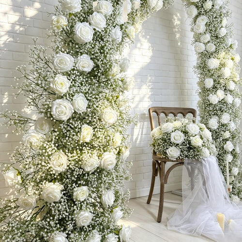 50% OFF CLEARANCE/Ships from Houston/Baby’s Breath &Rose Bull Horn Wedding Arch Flowers, Floral Row Arrangement,  for Wedding Archways Event