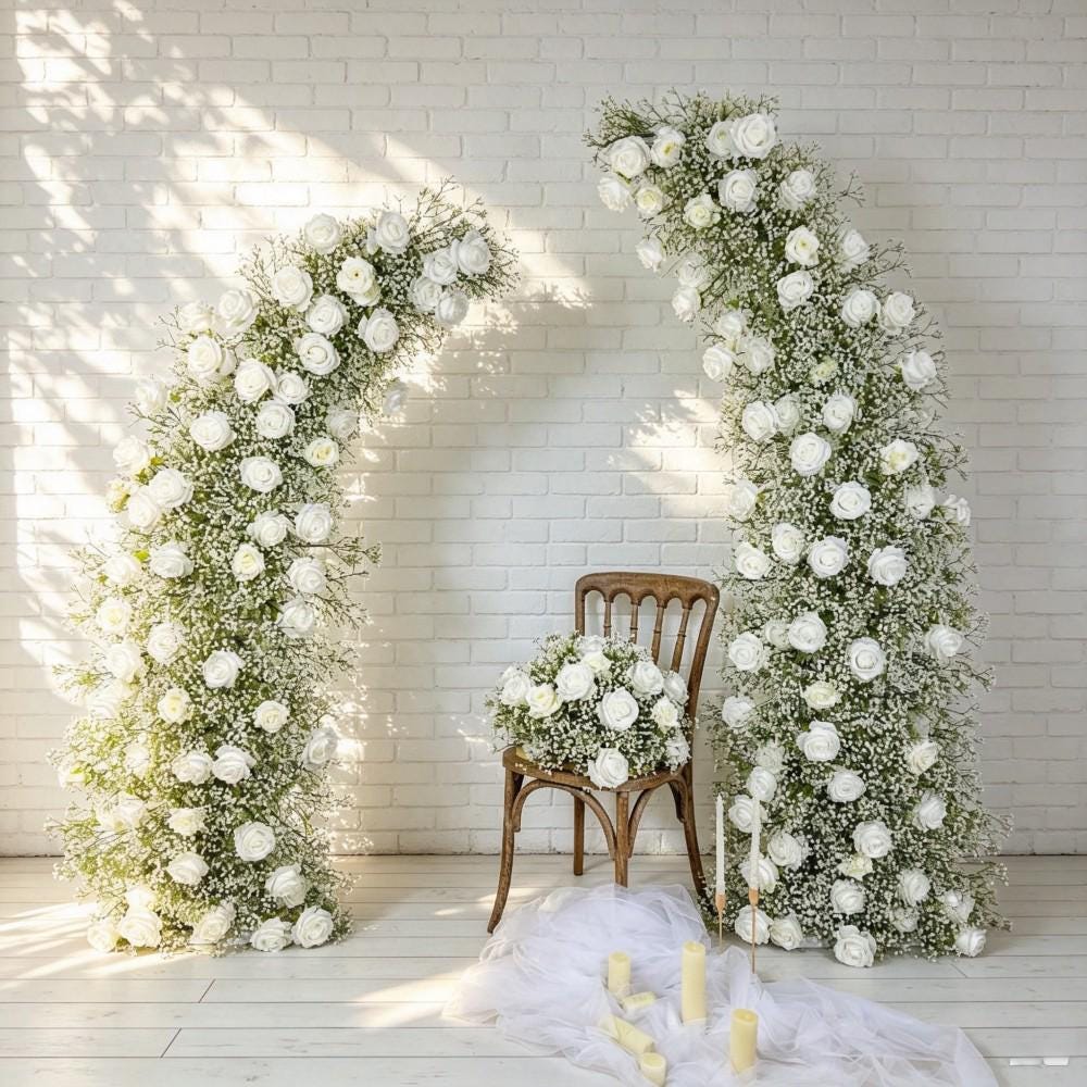 50% OFF CLEARANCE/Ships from Houston/Baby’s Breath &Rose Bull Horn Wedding Arch Flowers, Floral Row Arrangement,  for Wedding Archways Event