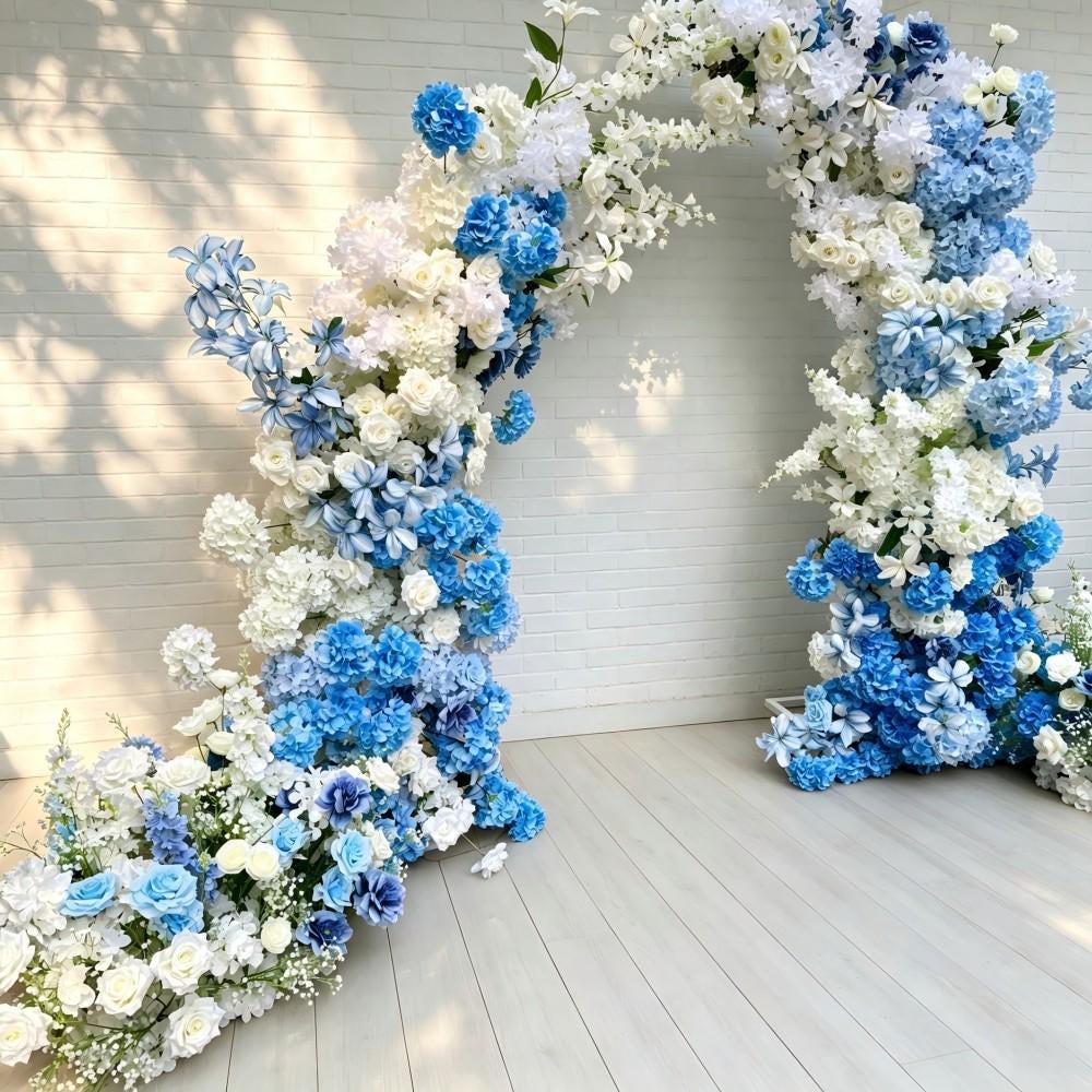 50% Off / Ships from Houston | Blue & White Rose Wedding Arch Flowers | Floral Row Arrangement for Ceremony, Pillars,Event Backdrops