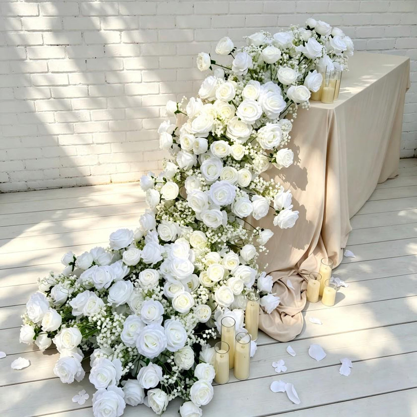 7.5FT---White Rose &Baby’s Breath Waterfall Flower Garland, Cascading Wedding Table Flowers, Sweetheart Table Decor, Wedding Reception Decor