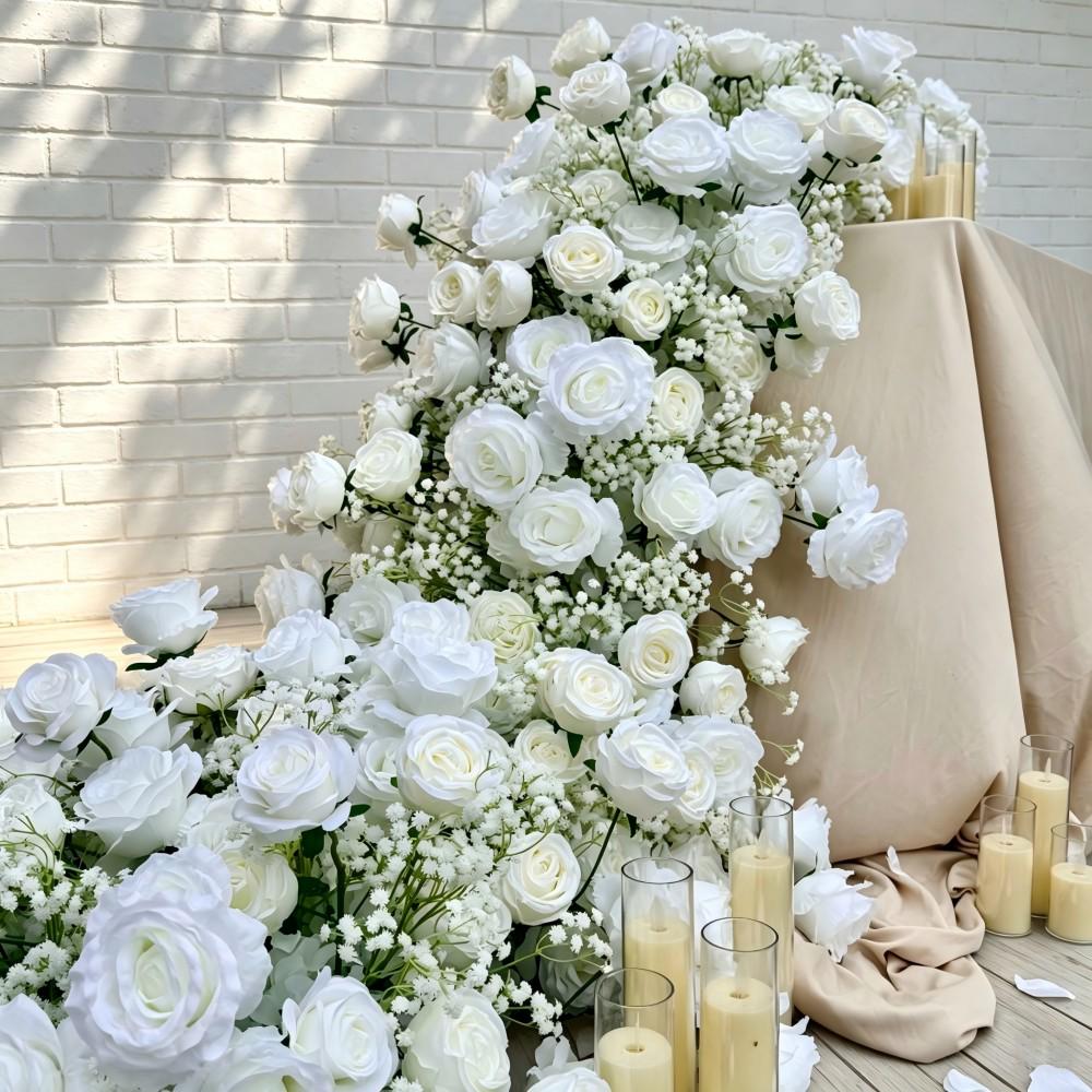7.5FT---White Rose &Baby’s Breath Waterfall Flower Garland, Cascading Wedding Table Flowers, Sweetheart Table Decor, Wedding Reception Decor