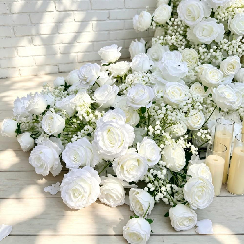 7.5FT---White Rose &Baby’s Breath Waterfall Flower Garland, Cascading Wedding Table Flowers, Sweetheart Table Decor, Wedding Reception Decor