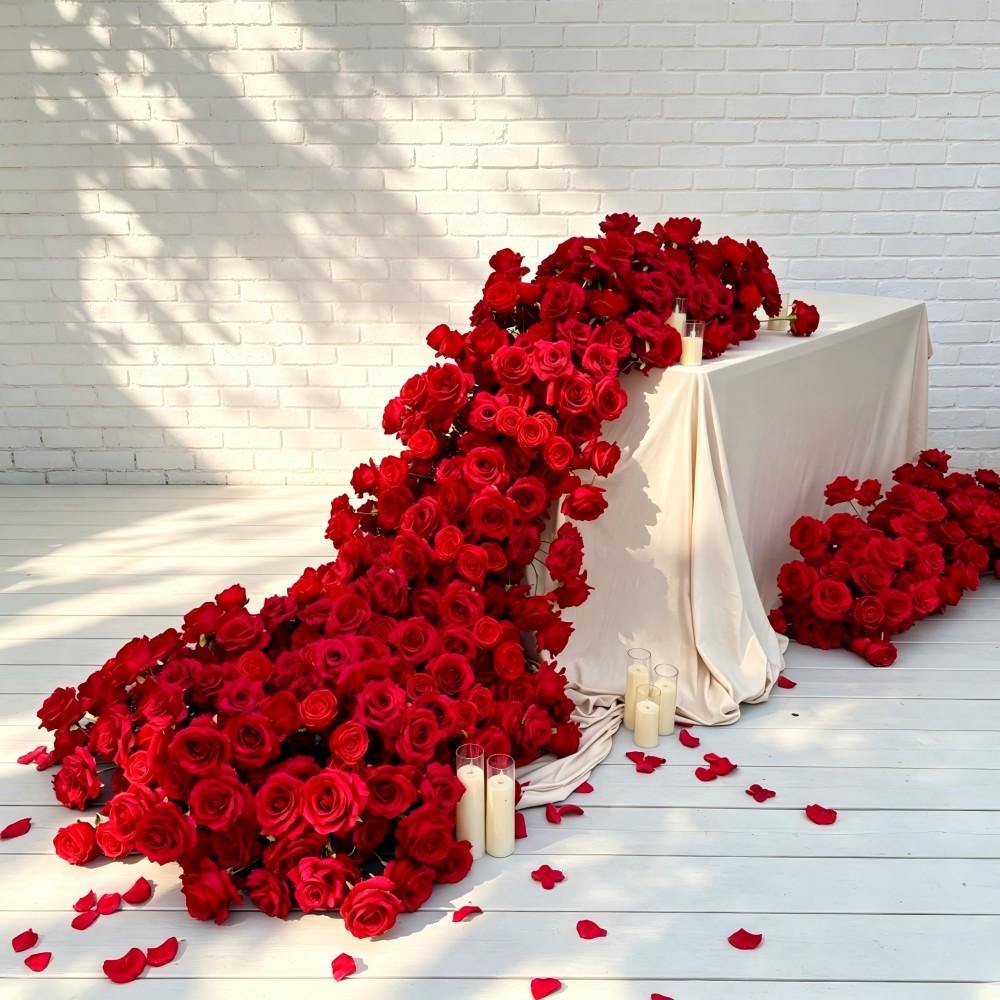 7.5FT---Burgundy Rose Waterfall Flower Garland, Cascading Wedding Table Flowers, Sweetheart Table Decor, Wedding Reception Decor