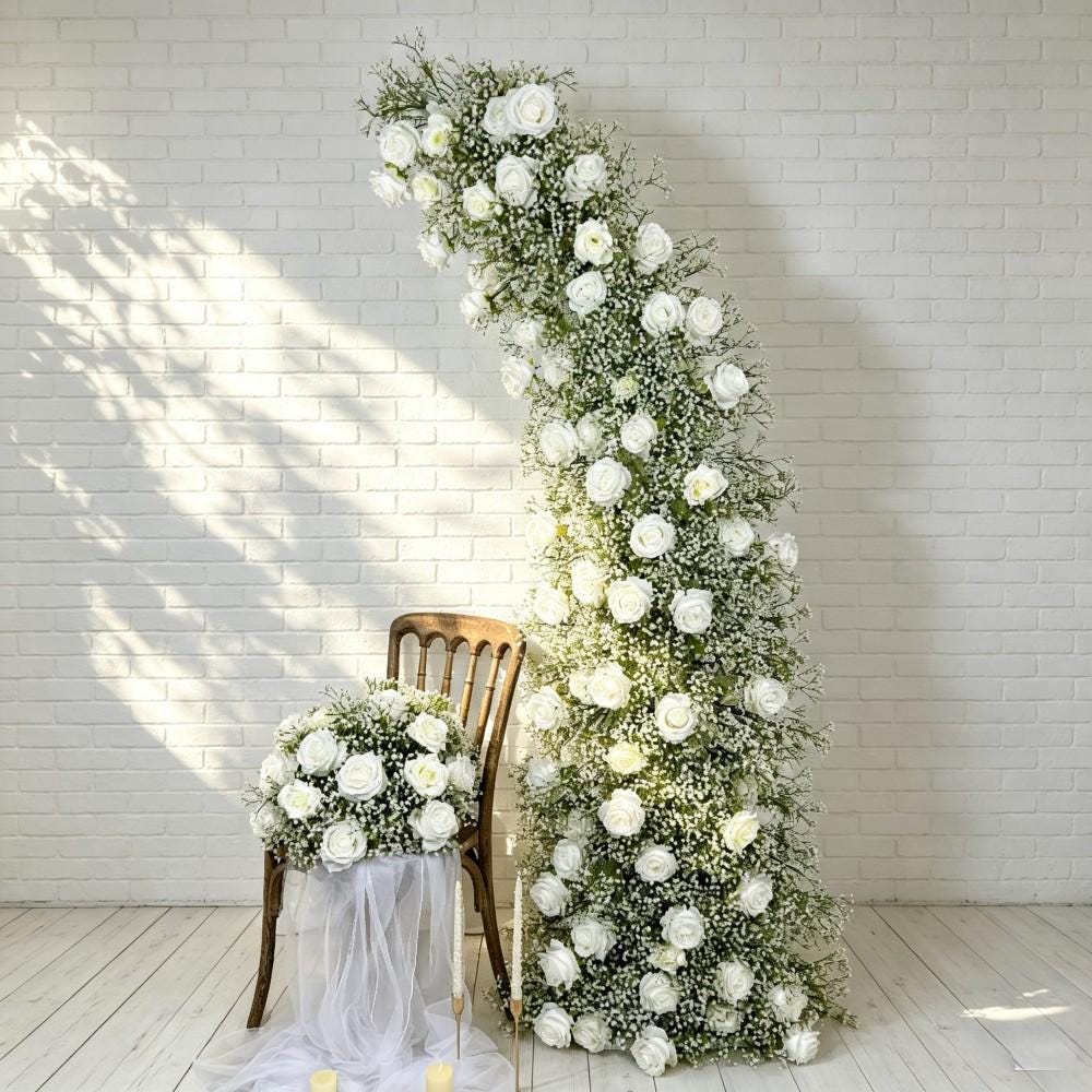 50% OFF CLEARANCE/Ships from Houston/Baby’s Breath &Rose Bull Horn Wedding Arch Flowers, Floral Row Arrangement,  for Wedding Archways Event