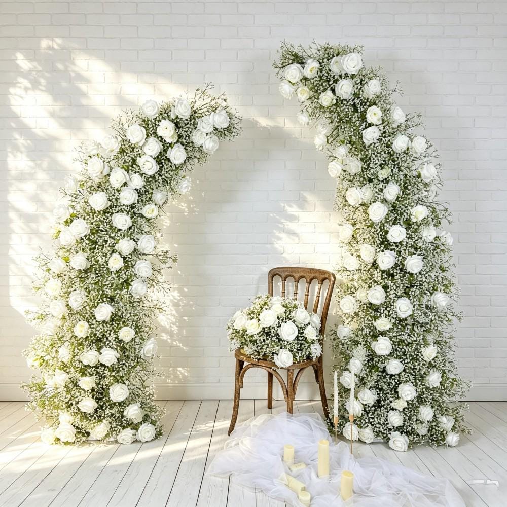 Baby’s Breath &Rose Bull Horn Wedding Arch Flowers, Floral Row Arrangement, for Wedding Archways Event