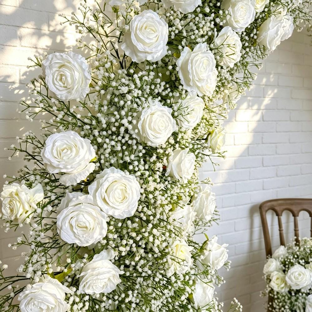 Baby’s Breath &Rose Bull Horn Wedding Arch Flowers, Floral Row Arrangement, for Wedding Archways Event
