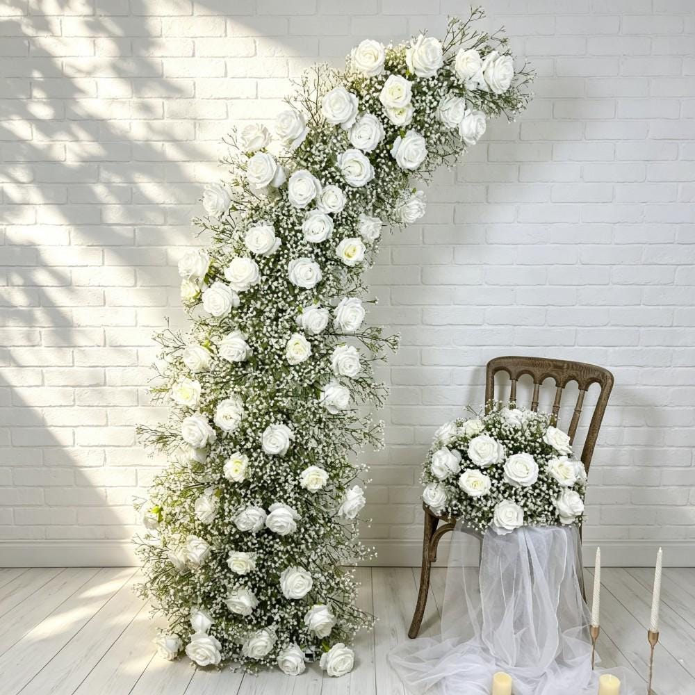 Baby’s Breath &Rose Bull Horn Wedding Arch Flowers, Floral Row Arrangement, for Wedding Archways Event