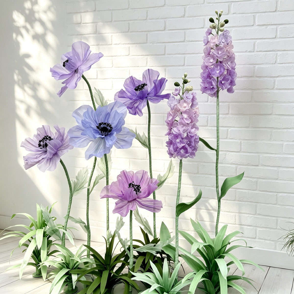 7 Oversized Taro Purple Wildflowers with Ground Plants, Giant Wildflower Garden, Luxury Event Floral Display, Luxury Retail Store Mall Decor