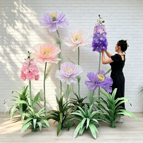 7 Oversized Pink Purple Wildflowers with Ground Plants, Giant Wildflower Garden, Luxury Event Floral Display, Luxury Retail Store Mall Decor