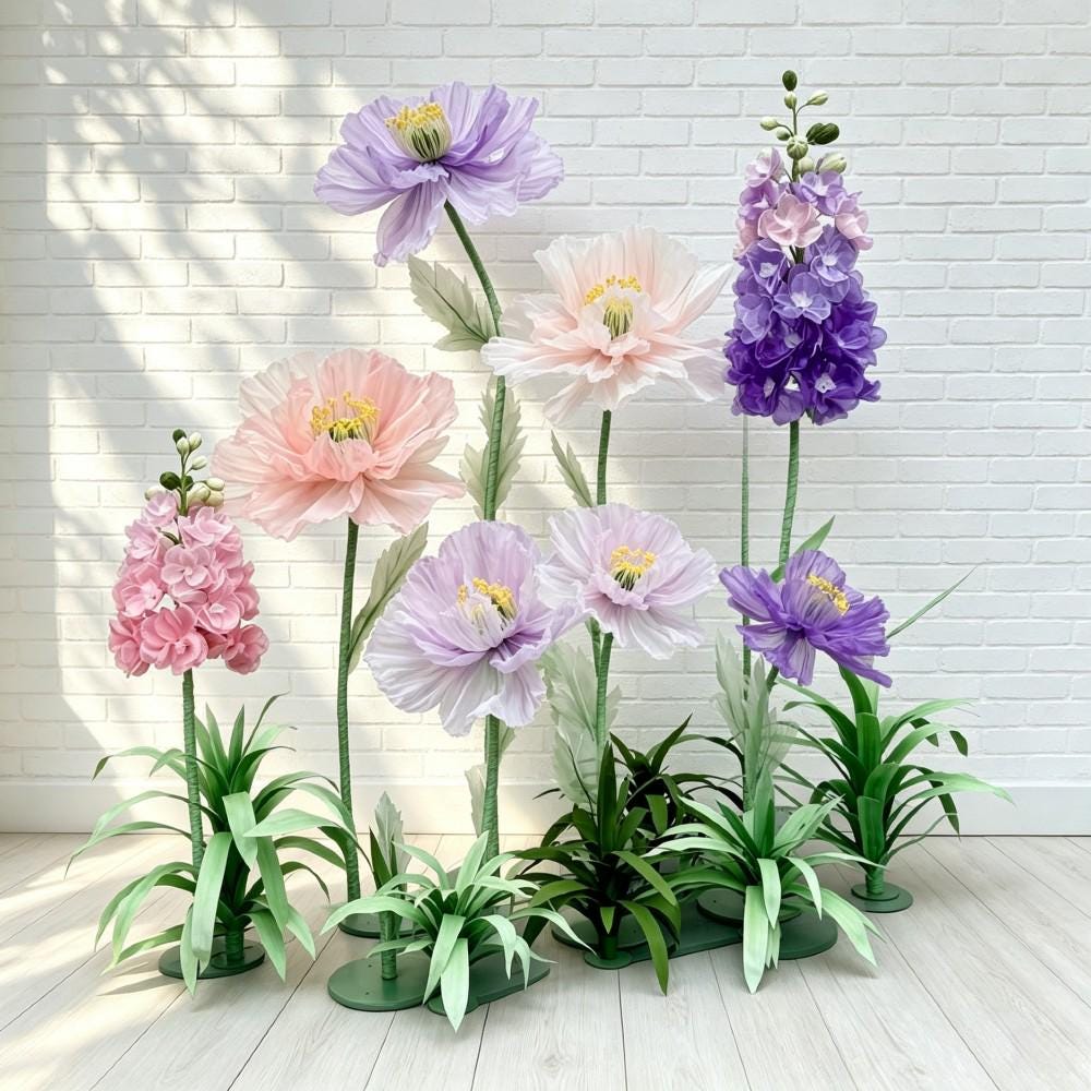 7 Oversized Pink Purple Wildflowers with Ground Plants, Giant Wildflower Garden, Luxury Event Floral Display, Luxury Retail Store Mall Decor