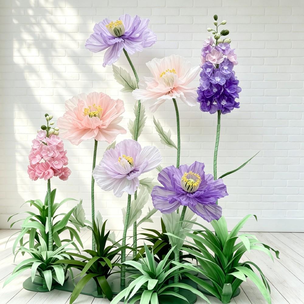 7 Oversized Pink Purple Wildflowers with Ground Plants, Giant Wildflower Garden, Luxury Event Floral Display, Luxury Retail Store Mall Decor