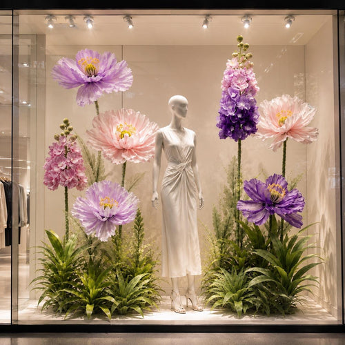 7 Oversized Pink Purple Wildflowers with Ground Plants, Giant Wildflower Garden, Luxury Event Floral Display, Luxury Retail Store Mall Decor