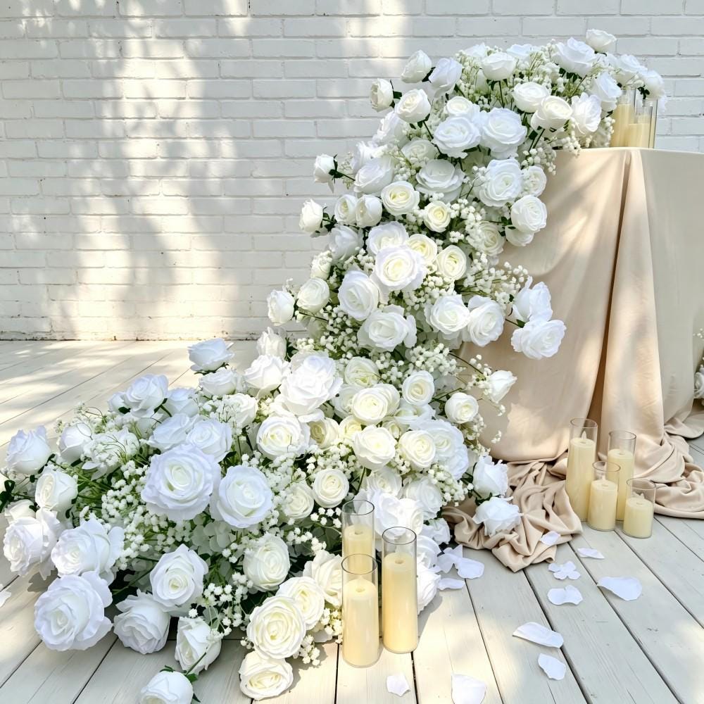 7.5FT---White Rose &Baby’s Breath Waterfall Flower Garland, Cascading Wedding Table Flowers, Sweetheart Table Decor, Wedding Reception Decor