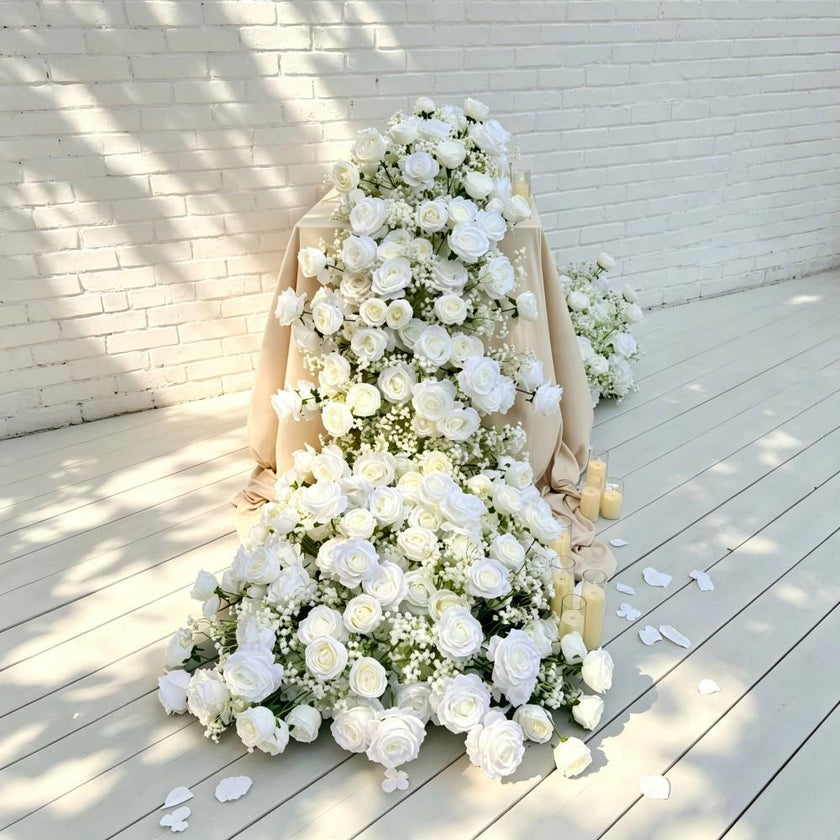 7.5FT---White Rose &Baby’s Breath Waterfall Flower Garland, Cascading Wedding Table Flowers, Sweetheart Table Decor, Wedding Reception Decor