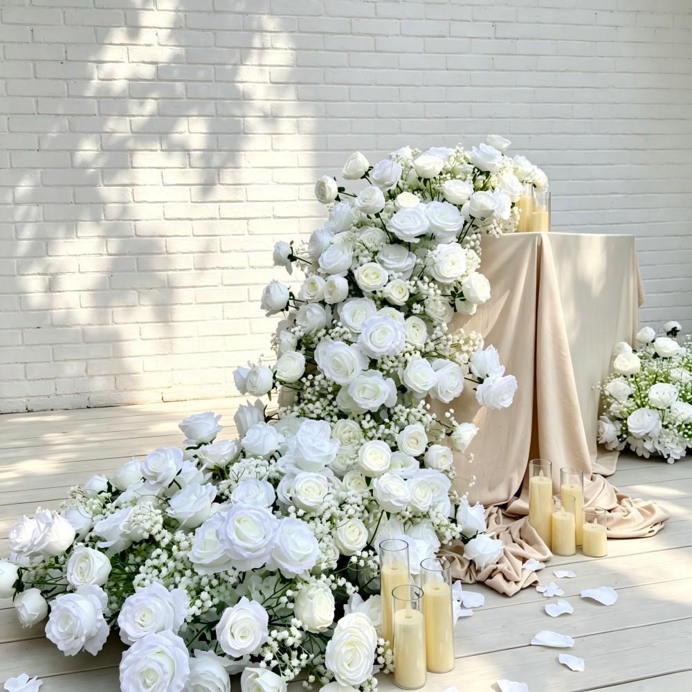 7.5FT---White Rose &Baby’s Breath Waterfall Flower Garland, Cascading Wedding Table Flowers, Sweetheart Table Decor, Wedding Reception Decor