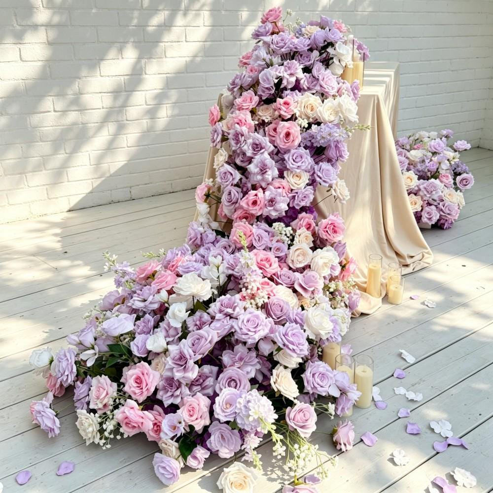 7.5FT---Pink & Lavender Rose Waterfall Flower Garland, Cascading Wedding Table Flowers, Sweetheart Table Decor, Wedding Reception Decor