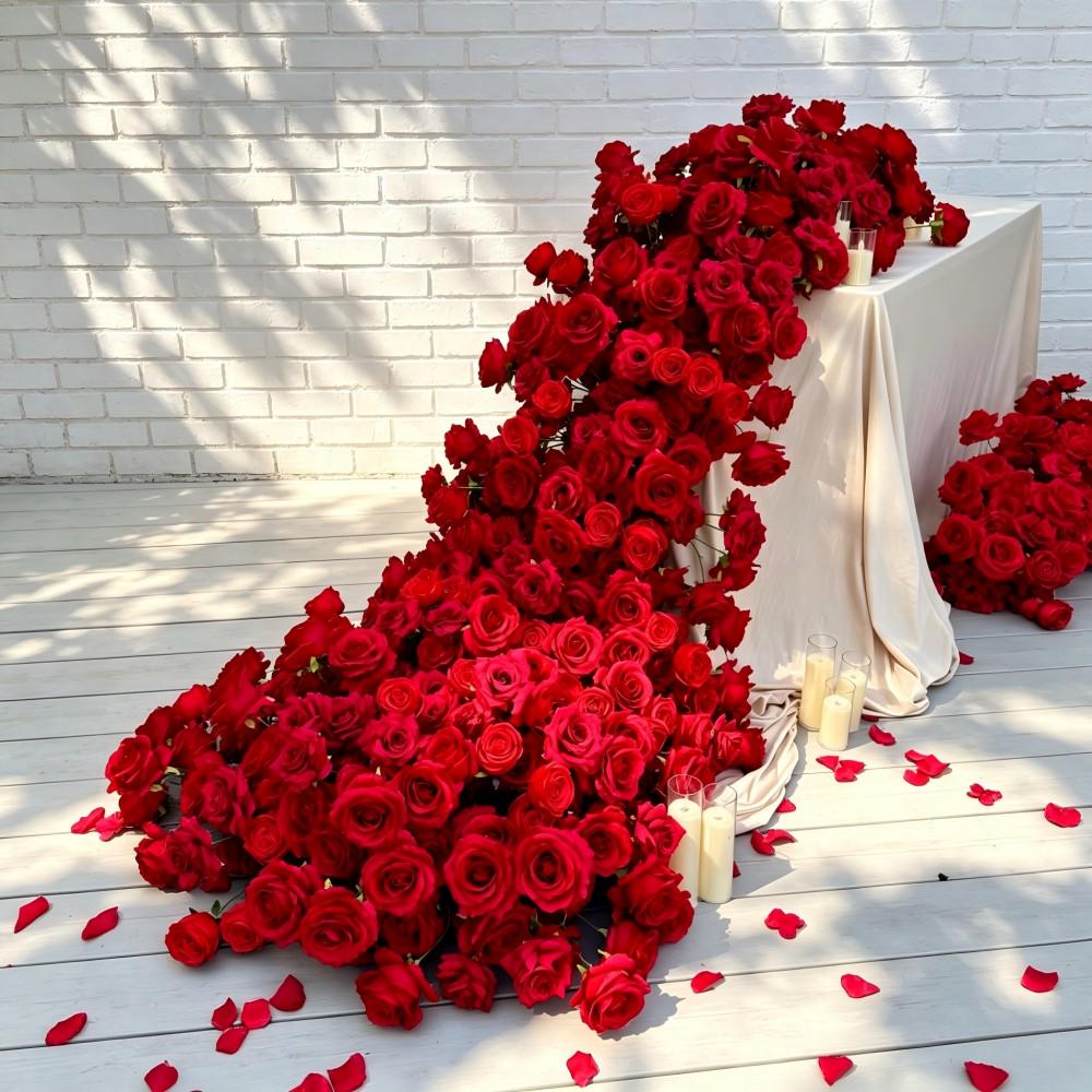 7.5FT---Burgundy Rose Waterfall Flower Garland, Cascading Wedding Table Flowers, Sweetheart Table Decor, Wedding Reception Decor