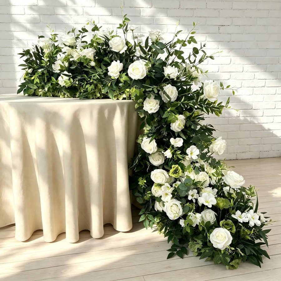 white roses greenery Wedding Arch, Table Flower Runner, Wedding Centerpiece Row for Wedding Aisle