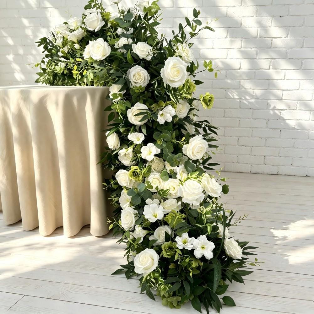 Ships from Houston/white roses greenery Wedding Arch, Table Flower Runner, Wedding Centerpiece Row for Wedding Aisle