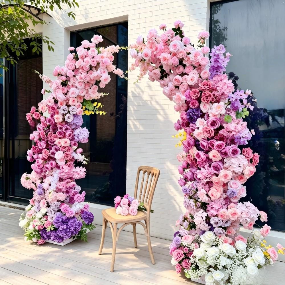 Ships from USA---7.2Ft Baby Pink Purple Rose Bull Horn Wedding Arch Flowers, Artificial Floral Arrangement for Ceremony，Event Backdrop Decor