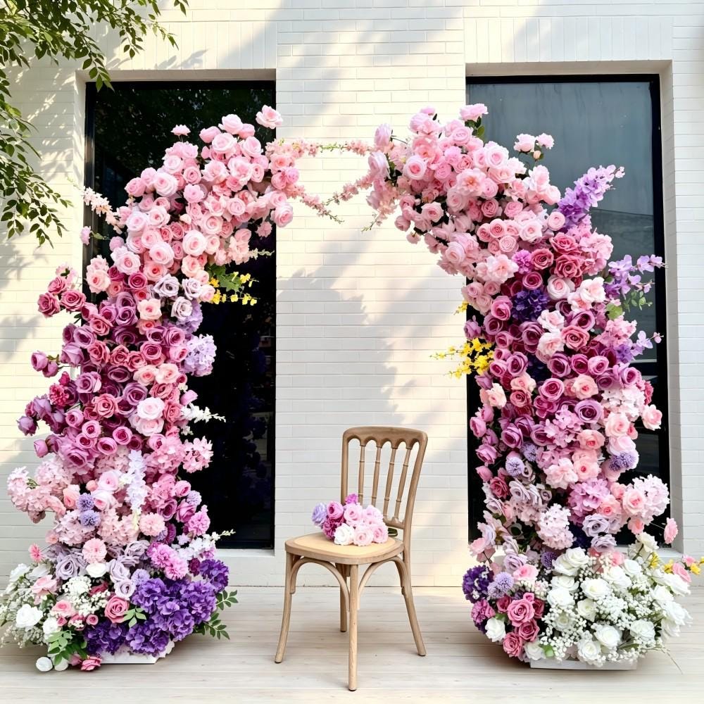 Ships from USA---7.2Ft Baby Pink Purple Rose Bull Horn Wedding Arch Flowers, Artificial Floral Arrangement for Ceremony，Event Backdrop Decor