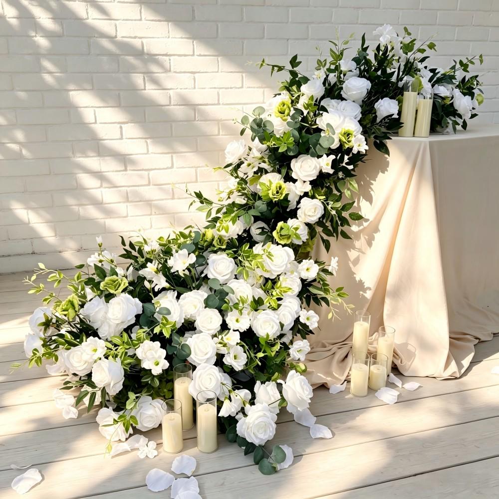 7.5FT ---White Rose & Greenery Waterfall Flower Garland, Cascading Wedding Table Flowers, Sweetheart Table Decor, Wedding Reception Decor