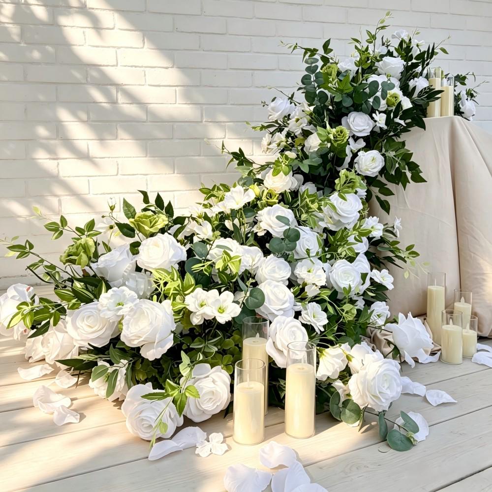 7.5FT ---White Rose & Greenery Waterfall Flower Garland, Cascading Wedding Table Flowers, Sweetheart Table Decor, Wedding Reception Decor
