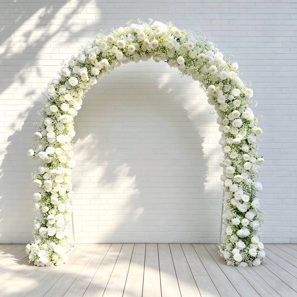 Ships from Houston/8.2+7.8FT White Rose  Baby’s Breath Wedding Arch Flowers, Artificial Floral Runner, Table Centerpiece Flower Row Décor