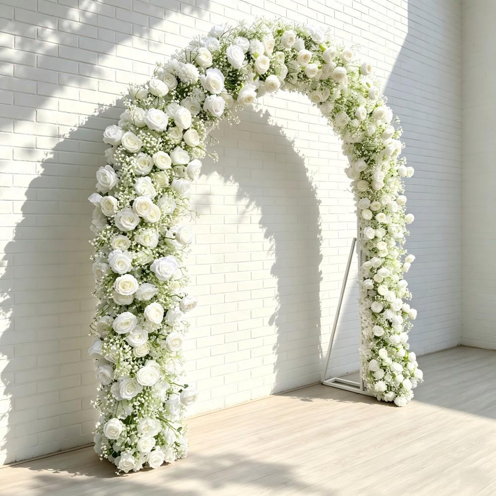 Ships from Houston/8.2+7.8FT White Rose  Baby’s Breath Wedding Arch Flowers, Artificial Floral Runner, Table Centerpiece Flower Row Décor