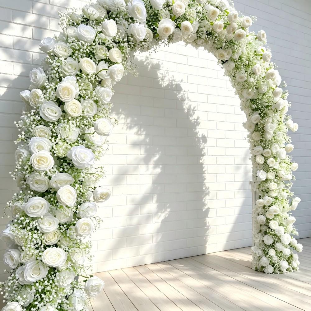 Ships from Houston/8.2+7.8FT White Rose  Baby’s Breath Wedding Arch Flowers, Artificial Floral Runner, Table Centerpiece Flower Row Décor