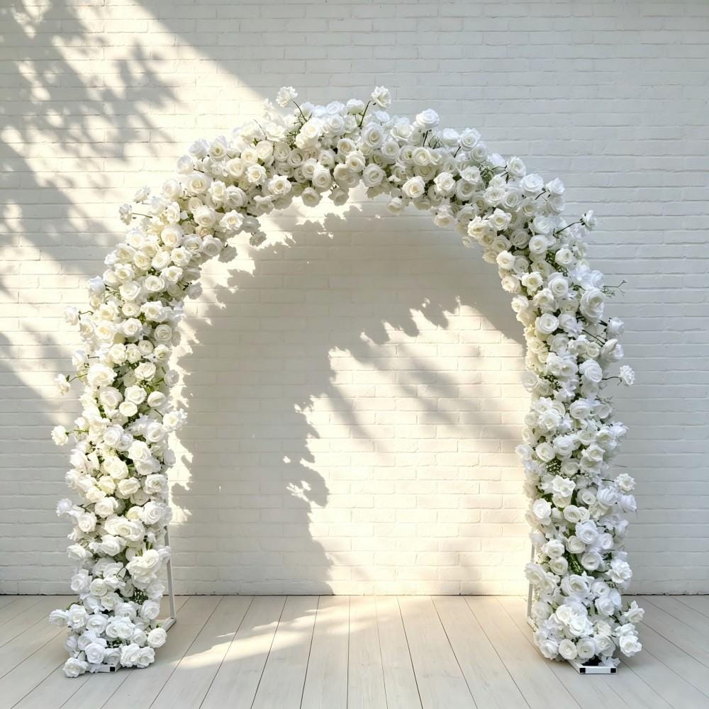 Ships from Houston/8.2+7.8FT White Rose Wedding Arch Flower, Artificial Floral Runner, Table Centerpiece Flower Row Décor for Parties Events