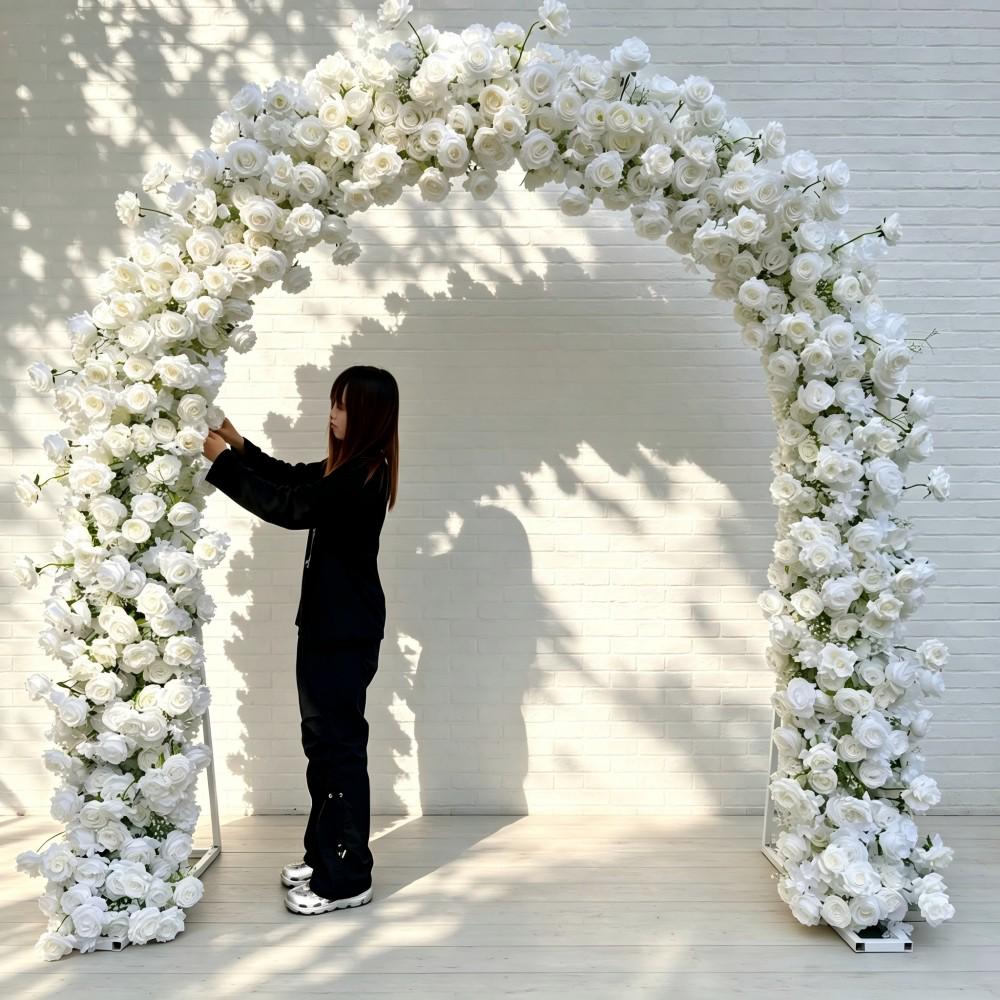 Ships from Houston/8.2+7.8FT White Rose Wedding Arch Flower, Artificial Floral Runner, Table Centerpiece Flower Row Décor for Parties Events