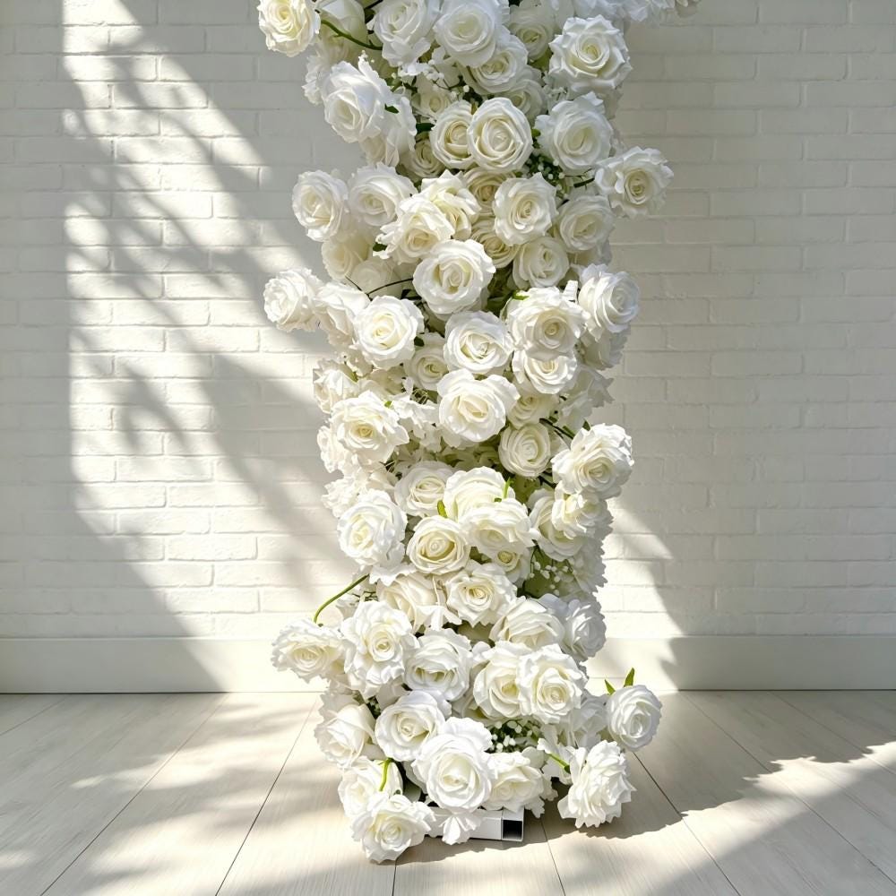 Ships from Houston/8.2+7.8FT White Rose Wedding Arch Flower, Artificial Floral Runner, Table Centerpiece Flower Row Décor for Parties Events