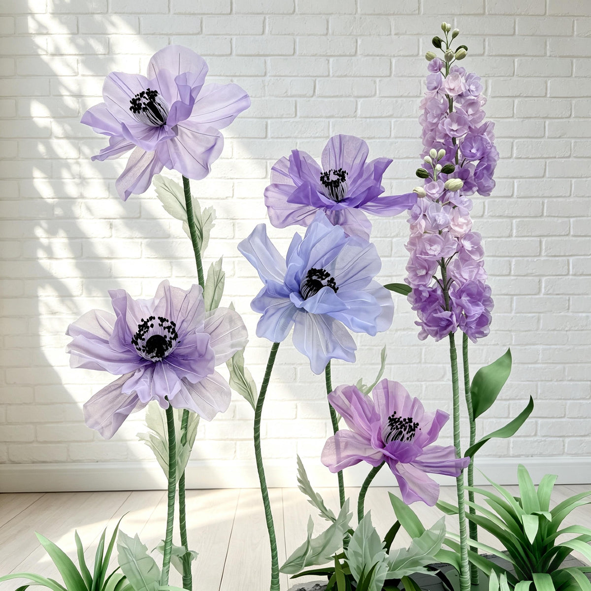 7 Oversized Taro Purple Wildflowers with Ground Plants, Giant Wildflower Garden, Luxury Event Floral Display, Luxury Retail Store Mall Decor